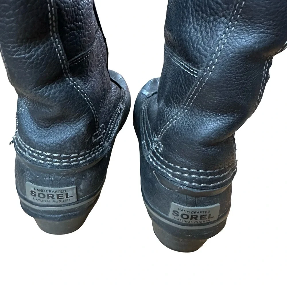 Sorel Fancy Tall Black Leather Waterproof Zip Winter Snow Duck Boots Size 6.5